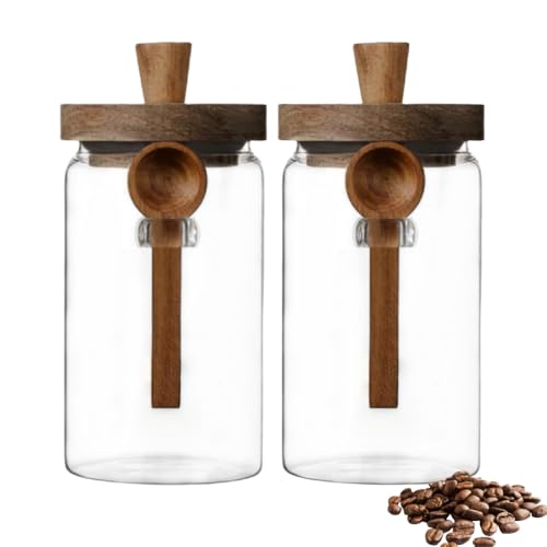 ANSQU 2 Pack Glass Jars with Wooden Lids & Spoons, 34oz Food Storage Containers Coffee Jar Coffee Grounds Container, Food Storage Canister - size: 34oz-2pack (φ3.54")