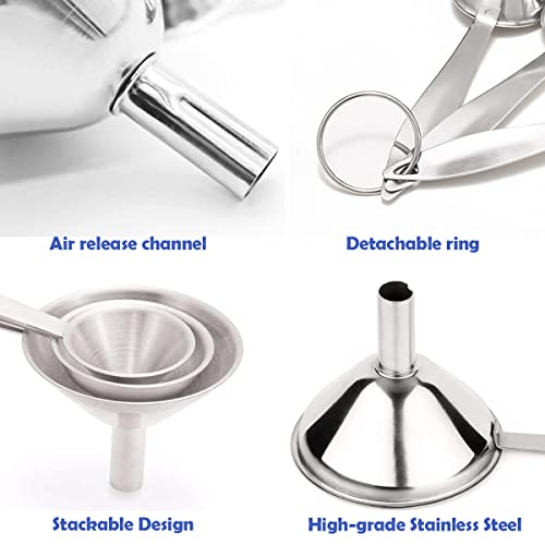 Small Funnels for Filling Bottles, 3 Pcs Stainless Steel Kitchen Funnel Set, Food Grade Mini Metal Funnel for Transferring Oil Liquid, Easy Cleaning with a Brush (Long Handle) - size: long handle
