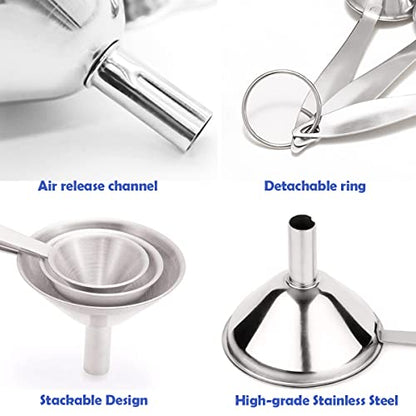 Small Funnels for Filling Bottles, 3 Pcs Stainless Steel Kitchen Funnel Set, Food Grade Mini Metal Funnel for Transferring Oil Liquid, Easy Cleaning with a Brush (Long Handle) - size: long handle