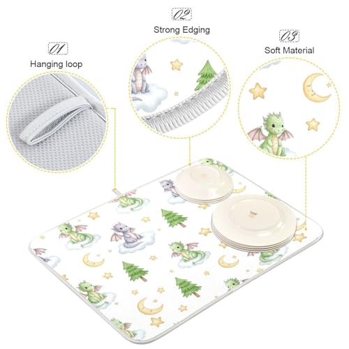 Cartoon Dragons Tree Star Dish Drying Mat for Kitchen Counter Super Absorbent Draining Mat with Non-slip Backed Sink Tray Mat for Sinks Countertops Draining Racks Dish Bottles Cups Bowl