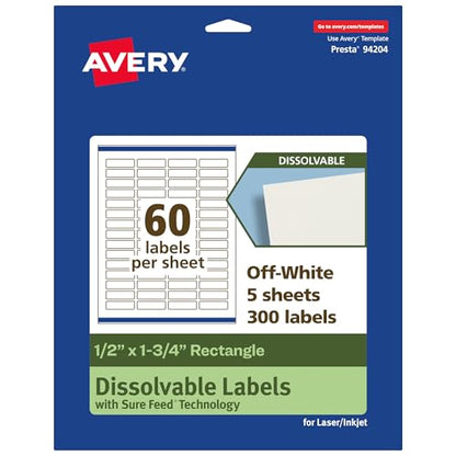 Avery Dissolvable Rectangle Labels, Sure Feed Technology, 0.5" x 1.75", Matte White, Print-to-The-Edge, Laser/Inkjet Printable, 300 Labels Total - style: 300 labels