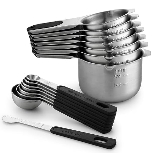 Spring Chef Magnetic Measuring Cups & Spoons Set (Patent Pending), Strong N45 Magnets, Heavy Duty Stainless Steel Fits in Spice Jars for Baking & Cooking, BPA Free, Round Set of 15 with Leveler, Black