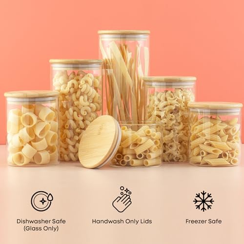 JoyJolt Borosilicate Glass Jars With Bamboo Lids. 6 Pc Set of Air Tight Sealable Containers. Food Jar Canisters with Airtight Lid for Pantry Storage and Kitchen Organization. - style: Bamboo Covers