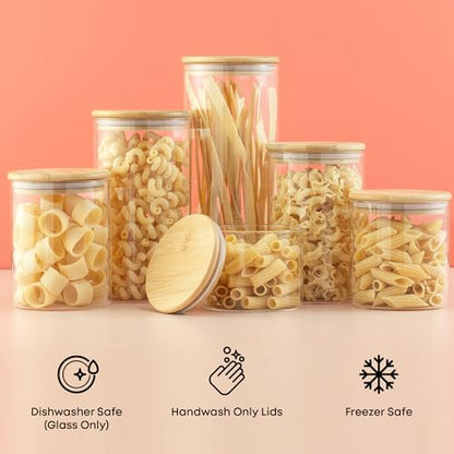 JoyJolt Borosilicate Glass Jars With Bamboo Lids. 6 Pc Set of Air Tight Sealable Containers. Food Jar Canisters with Airtight Lid for Pantry Storage and Kitchen Organization. - style: Bamboo Covers