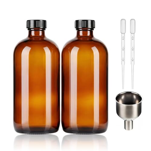 16oz Amber Glass Bottles 2 pack with Lids& Stainless Steel Funnels,Refillable Boston Brown Round,Dispensing for Homemade Vanilla Extract,Oils,Herbal Medicine,Ginger Shots