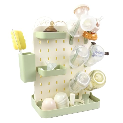 Baby Bottle Drying Rack Space Saving Countertop Vertical Rack with Brushes Holder (Green) - color: Green