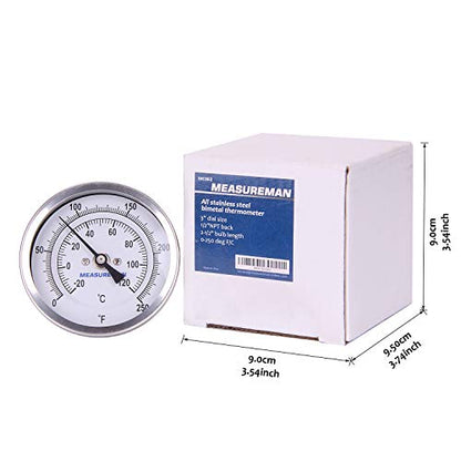 MEASUREMAN Fully Stainless Steel Pot, Kettle, Brewing Bimetal Thermometer, 3" Dial, 2-1/2" Stem, 0-250 deg F/-20-120 deg C, -1% Accuracy, Adjustable, 1/2" NPT Back Mount - size: 0-250 deg F/-20-120 deg C, style: 2-1/2" Stem