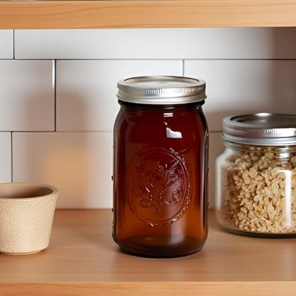 Amber Glass Mason Jars, 32oz Wide Mouth Jars 6 Pcs, Air Tight, Leak Resistant, Large Canning Jars, Quart Mason Jars for Canning, Storing Food, Spices, Meal Prep and Overnight Oats