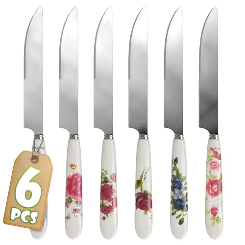 6 Pcs Butter Knife Set - 7.87 x 4.21" Floral Сheese Spreader Knives with Easy-to-Grip Ceramic Handles, Serrated Stainless Steel Blades, Polished, Dishwasher Safe - for Kitchens, Restaurants & Parties - color: Floral