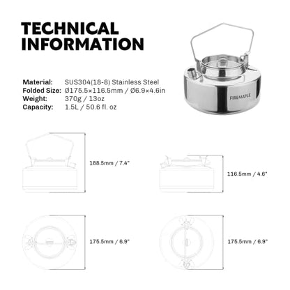 Fire-Maple Antarcti 1.5L Kettle Series | Portable Durable Bushcraft Gear Open Fire Kettle | SUS304 Stainless Steel - size: 1.6 Quarts