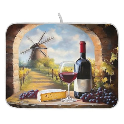 Red Wine Glasses with Grape Cheese Farmhouse Dish Drying Mats for Kitchen Counter Absorbent Microfiber Dish Drying Matt 16 x 18 Inch Draining Reusable Rack Pad