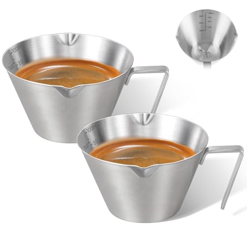 2 Pcs Espresso Cups with Handle, Stainless Steel, Double Spout Metal Measuring Cup with Dual Scale, Espresso Shot Cup with V-Shaped Mouth, 3.4oz/100ml(Silver) - color: 04_ Silver 2pc