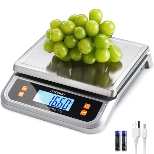 ATOGOU 66lb Food Scale, Commercial Kitchen Scale Plug-in Usable with Full View LCD Display, Stainless Steel, for Baking, Bread, Cooking, Meat, Vegetables, Farm, Industry LC200 Silver - size: Silver 66 lb (30 kg)