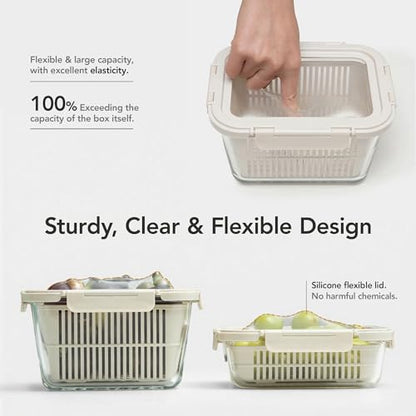 GENICOOK Glass Produce Storage Containers for Fridge, 2-Pack – Airtight Fruit & Vegetable Containers with Removable Colanders, Flexible Silicone Lids,LeakProof, BPA-Free Borosilicate Glass - color: Beige