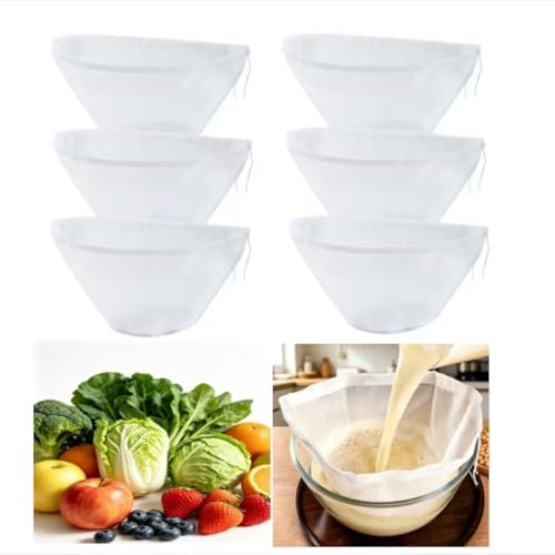 6PCS Reusable Nylon Cheesecloth Bags for Straining, Ultra Fine Mesh Nut Milk Filter Bags for Soy Milk, Juice, Oat Milk, Celery Juice, Vegetables & Dumpling Fillings (M)