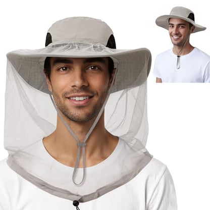 American Trends Fishing Hat with Hidden Mosquito Net Bug Net Bee Keeper Hats with Veil Bucket Hat for Men Women - color: Light Grey