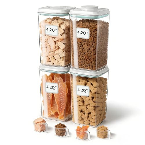 Dog Food Storage System with One-Touch Lid, (4 ×4.22 QT / 4.0 L) Best Value BPA-Free Cat Food Storage Container，Stackable Durable PET with 130ml Scoop, for Complete Kibble & Supply Organization - color: 4.2QT*4