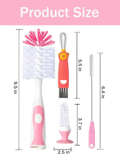 5 in 1 Baby Bottle Brush Set, Bottle Cleaner, 2Pcs Bottle Brush with Stand, 2 Hidden Nipple Brush, 2 Straw Brush, 1 Lid Brush, Nylon Bottles Brush Cleaner for Baby Bottle, BPA-Free(Pink) - color: Pink-nylon & Nylon Brush