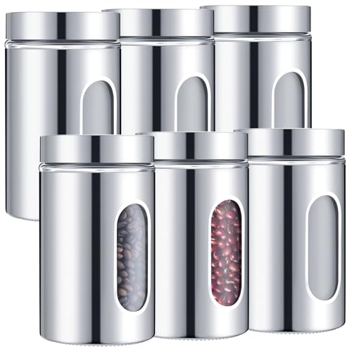 Mimorou 6 Pack Kitchen Canisters Set Airtight Coffee Sugar Tea Candy Storage Jars with Window Glass Stainless Steel Containers with Lids for Flour Cookies Spices Grains Kitchen Decorations(32 oz) - color: Silver, size: 32 oz