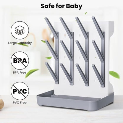 Baby Bottle Drying Rack: Vertical Space Saving Large Bottles Holder - Standing Boon Dryer Rack Baby Accessory - Countertop Holds Up to 12 Bottles & Pump Part Cleaning & Cup (Blue) (Gray) - color: Gray