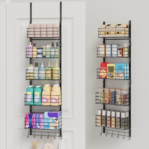 SWTYMIKI Over The Door Organizer - Door Organizer Hanging with 5 Adjustable Metal Large Capacity Basket and 6 Coat Hook, Wall Mounted Shelf for Bedroom Closet Bathroom Laundry Pantry Cabinet Kitchen - color: Black, size: 5-Tier