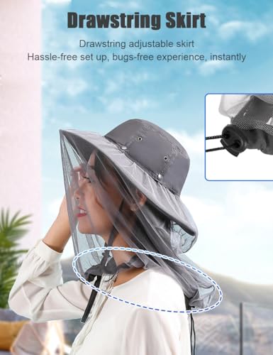 Wide Brim Bucket Sun Hat with Concealable Mosquito Mesh, Adjustable Chin Strap for Fishing, Gardening, Hiking & Camping - color: Dark Gray