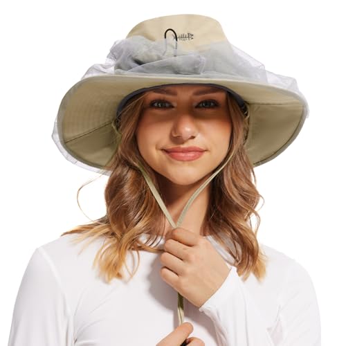 BASSDASH UPF 50+ Mosquito Net Hat with Stowable Neck Flap for Men Women Outdoor Fishing Hiking Camping Gardening FH17 - color: Khaki, size: Medium
