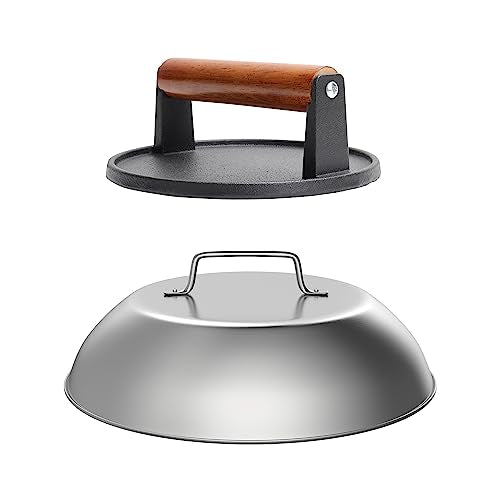 SafBbcue Round Cast Iron Smash Burger Grill Weight Press Tool & Griddle Steamer Melting Dome 12" Round Stainless Steel Basting Cover for Blackstone Griddle, Griddle Food Cover Dome for Flat Top Grills - style: 12In Dome+Round Press