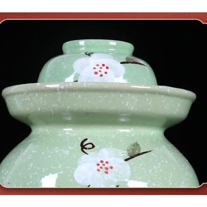 Cute Ceramic Pickle Jar with Lids,Large Traditional Chinese Porcelain Pickle Jar Pickling Jars,Ceramic Fermentation Crock with Water Seal Airlock Lid,Sauerkraut Croc Blue-0.75L (Green-2L - color: Green, size: 2L