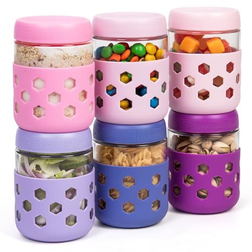 Gemice 6-Pack 16 oz Overnight Oats Containers with Lids and Silicone Sleeves, Glass Mason Jars with Airtight Lid, Dishwasher Safe, Wide Mouth Chia Seed Pudding Meal Prep Jar for Yogurt Berries Snack - color: Purple, size: 16oz, 6-Pack