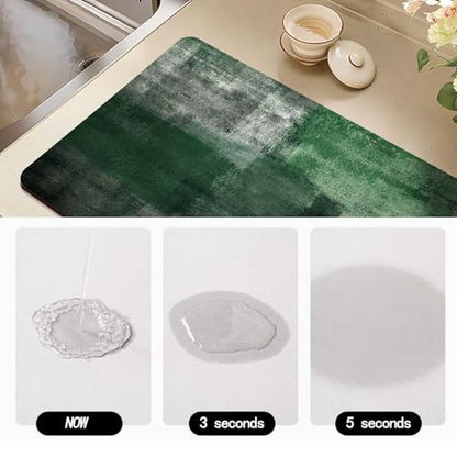 Dish Drying Mat for Kitchen Counter, Emerald Green and Grey Abstract Art, Absorbent Quick Dry Pad with Rubber Backing, Dish Rack Pad for Dishes, Utensils, Countertops, Sinks 12" x 20 - color: Emerald Green and Grey