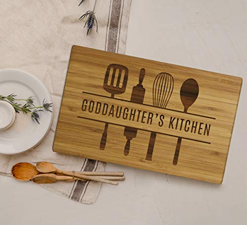 Andaz Press Large Bamboo Wood Cutting Board Gift, 17.75 x 11-inch, Goddaughter's Kitchen, Utensils Graphic, 1-Pack, Laser Engraved Serving Chopping Board Christmas Birthday Chef Kitchen Ideas - color: Goddaughter