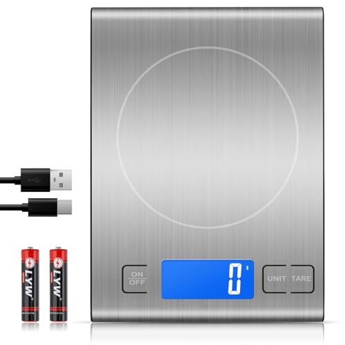 33lb Rechargeable Food Scale, Diyife 304 Stainless Steel Digital Kitchen Scale, 7.5 * 5.5 in Weight Grams and Ounces for Baking, Cooking, 5 Units with Tare Function, LCD Display, 2 AAA Batteries - color: Silver