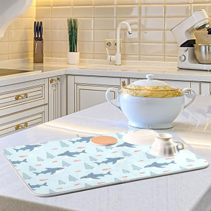 Sharks Fish Tree Blue Dish Drying Mat for Kitchen Counter Super Absorbent Draining Mat with Non-slip Backed Dishwashing Mat for Dish Bottles Cups Bowl Draining Racks Countertops Sinks