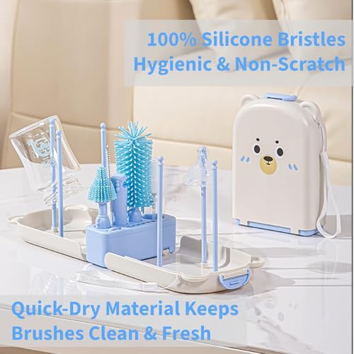 Travel Bottle Cleaner kit, 7in1 Baby Travel Gear Silicone Travel Bottle Brush Set Nipple Drying Rack, Straw Breast Pump Cleaning Soap Dispenser Organizer Case Mon Gift (Blue) - color: Blue