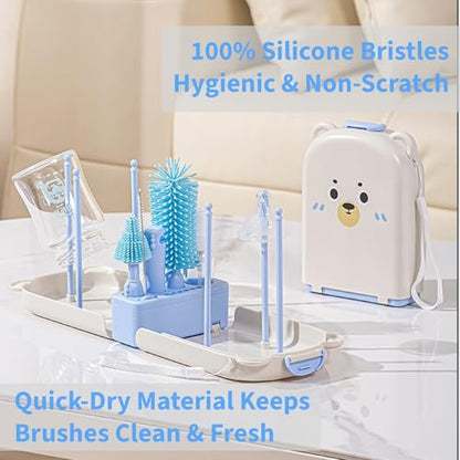 Travel Bottle Cleaner kit, 7in1 Baby Travel Gear Silicone Travel Bottle Brush Set Nipple Drying Rack, Straw Breast Pump Cleaning Soap Dispenser Organizer Case Mon Gift (Blue) - color: Blue