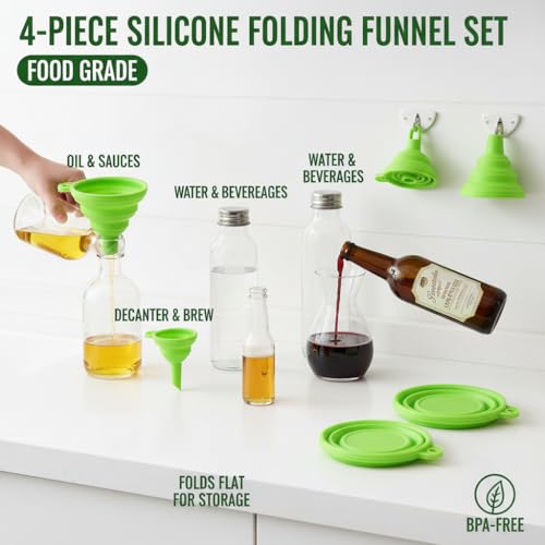 4 Pack Silicone Collapsible Kitchen Funnel for Water Beer Oil Filling Bottles ，Foldable Silicone Funnel Set – Collapsible Small & Large Funnels, Water Bottles & Liquid Transfer – Food Grade（Green） - color: green