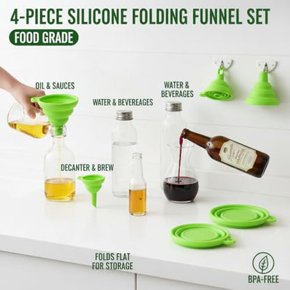 4 Pack Silicone Collapsible Kitchen Funnel for Water Beer Oil Filling Bottles ，Foldable Silicone Funnel Set – Collapsible Small & Large Funnels, Water Bottles & Liquid Transfer – Food Grade（Green） - color: green