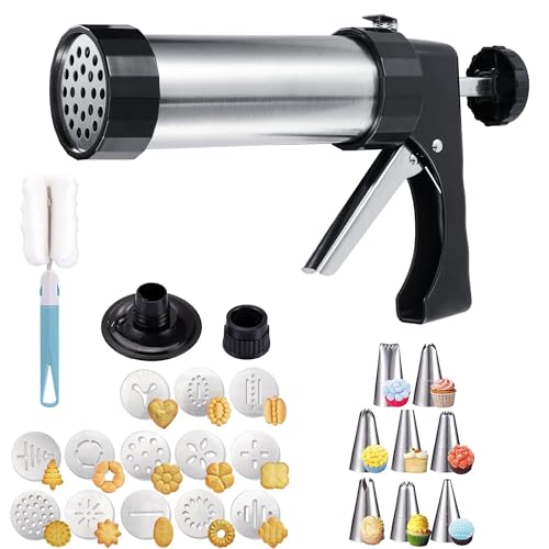 Spritz Cookie Press Gun Kit, Cookie Maker with 13 Cookie Discs + 8 Icing Nozzles and Cleaning Brush DIY Christmas Birthday Cookies Maker Gifts for Women