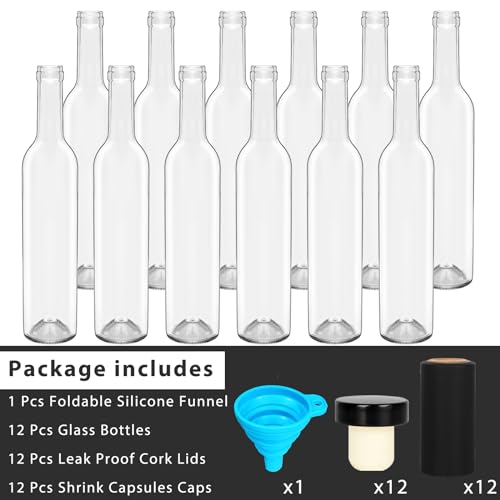 DHSBTLS 12 Pack 500 ml/16 oz Clear Glass Bottles With Cork Lids & Seal Shrink Capsules Caps,Home Brewing Wine & Juicing Bottles For Bordeaux Wine,Beverage, Sparkling Wine,Kefir,Decor | 500ml Home Brewing Bottles with Shrink Capsules, Juicing Bottles for B