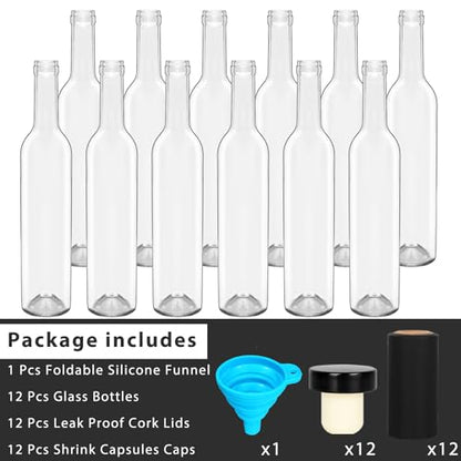 DHSBTLS 12 Pack 500 ml/16 oz Clear Glass Bottles With Cork Lids & Seal Shrink Capsules Caps,Home Brewing Wine & Juicing Bottles For Bordeaux Wine,Beverage, Sparkling Wine,Kefir,Decor | 500ml Home Brewing Bottles with Shrink Capsules, Juicing Bottles for B