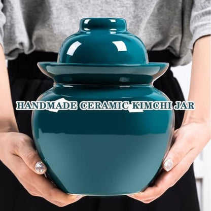 Peacock Green Retro Fermentation Crock, Old Traditional Water-Sealed Kimchi Jar, Thickened Ceramic Pickling Crock, Enameled Inside and Outside(3.5kg/123.4oz) - size: 3.5kg/123.4oz