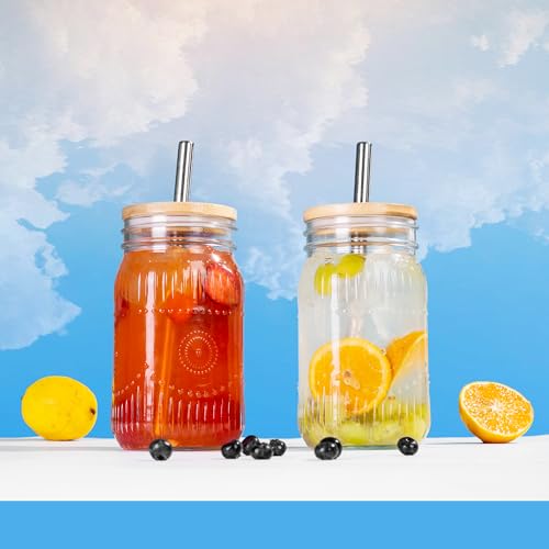 Amzcku 32oz vintage Mason Jars with Bamboo Lids and Stainless Steel Straws -Wide Mouth Quart Canning Jar, Reusable 32oz Boba & Smoothie Cups (2-Pack)