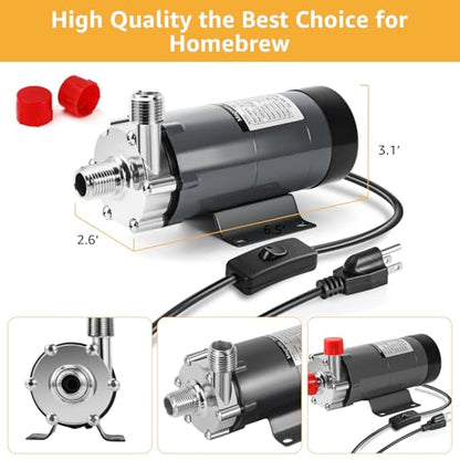 MRbrew Wort Pump With Switch Stainless Steel Magnetic Beer Pump Brewing for Wort Transfer, 1/2”NPT Thread Head 110V Quiet Operation Excellent High Temperature Resistance System for Homebrew(Grey) - size: Grey Pump(Swtich)
