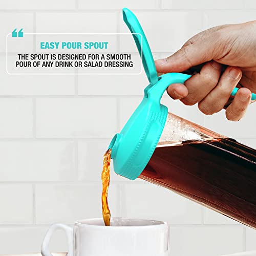 Masontops Multi Pour Top Mason Jar Lid with Handle - Regular Mouth Mason Jar Pour Spout Lid Pourer - Ball Mason Jar Pitcher Lid with Handle and Flip Cap – Glass Mason Jar Pitcher Not included 2 Pack - color: Teal Pitcher, size: Small/Regular Mouth