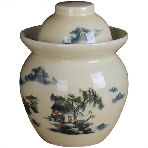 Classical Pastoral Ink Painting Kimchi Jar, Pickling Crock with Plastic Sealed Inner Lid, Ceramic Traditional Fermentation Tank, Decorative Storage Container(7kg) - size: 7kg