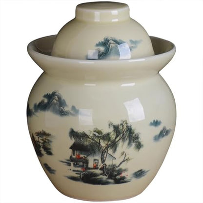Classical Pastoral Ink Painting Kimchi Jar, Pickling Crock with Plastic Sealed Inner Lid, Ceramic Traditional Fermentation Tank, Decorative Storage Container(1.5kg) - size: 1.5kg