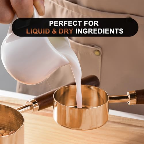 SHIKORI Gold Measuring Cups and Spoons Set with Wood Handles, Premium Stainless Steel Measuring Spoons and Measuring Cups Set, For Cooking and Baking in the Kitchen (Bronze) - color: Bronze