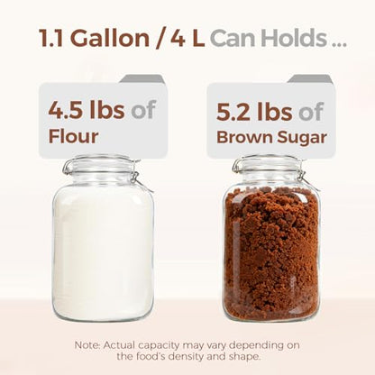 ComSaf 1.1 Gallon (4L) Square Glass Jars 2-Pack - Large Airtight Food Storage Canisters with Clamp Lids for Bulk Flour, Rice, Sugar, Coffee Beans, Fermentation, Pickling, Farmhouse Pantry Organization - size: 1.1 Gal*2