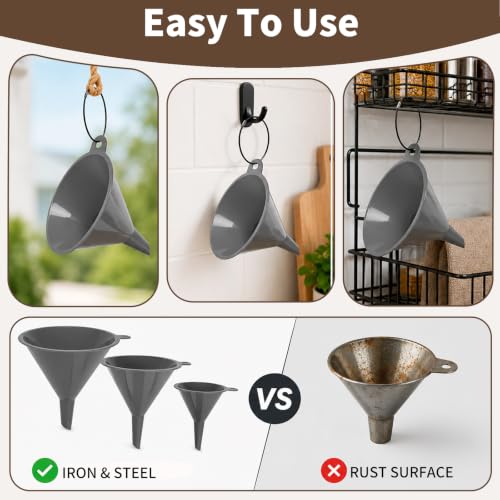 Plastic Kitchen Funnel Set, Round Food Grade Funnels for Kitchen Use Filling Bottles&Canning, Multifunctional Funnels Suitable for Cooking, Lab and Automotive Use, Grey(3 Steel Loops + 1 Clean Brush)